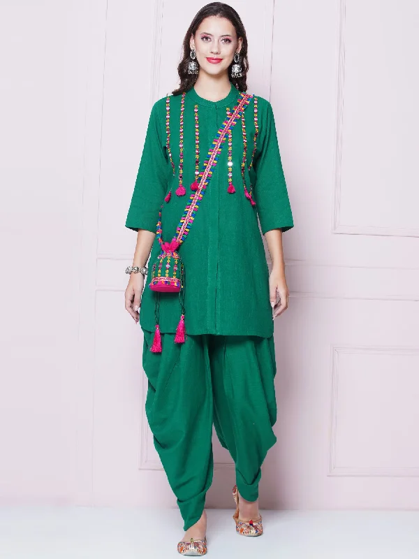 Green Mirror Embroidered Kurta with Salwaar And Potli-WRKS156G