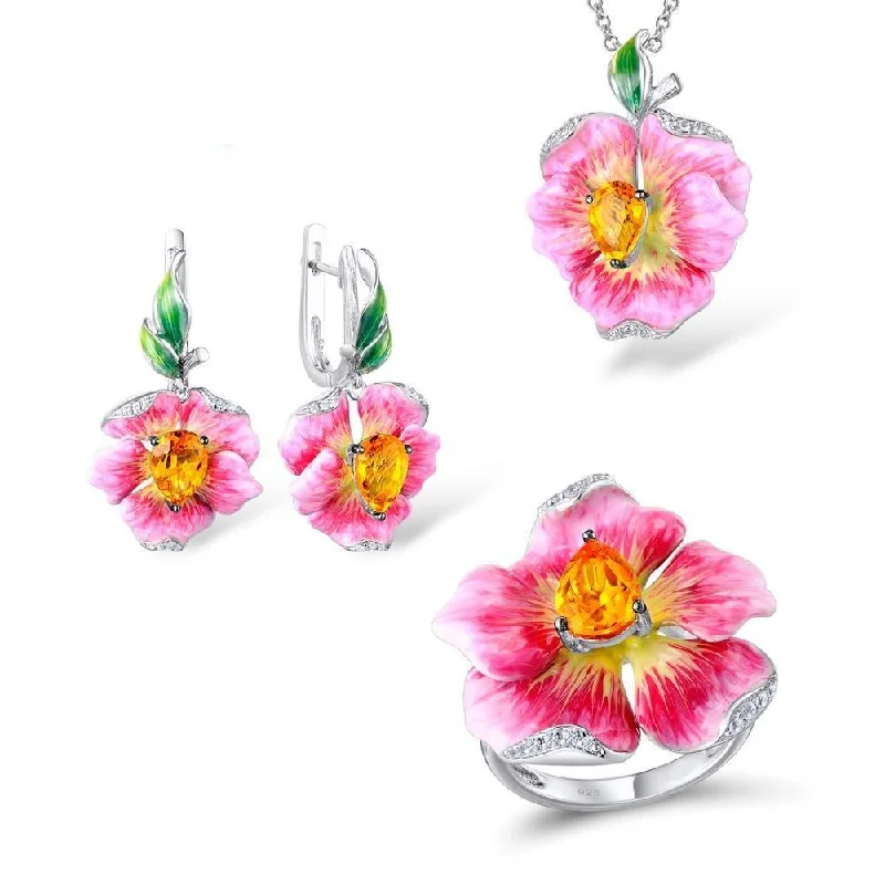 Pink Flower Earrings Pendant Ring Jewelry Set