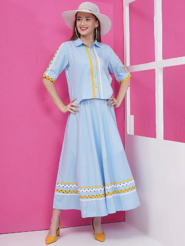 Blue Cotton Popline Top with Skirt-WRKS171