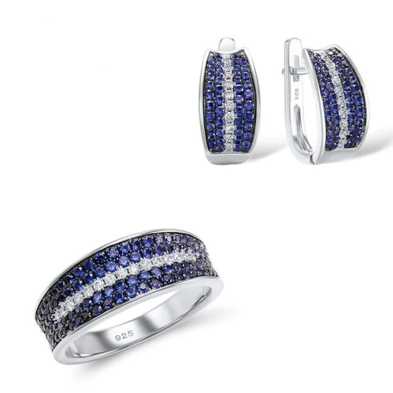 Blue Nano Cubic Zirconia Jewelry Set Ring Earrings 925 Sterling Silver Jewelry Set