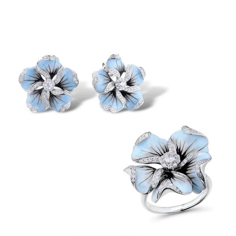 Gorgeous Blue Flower Ring Earrings Fashion Trendy Jewelry Set