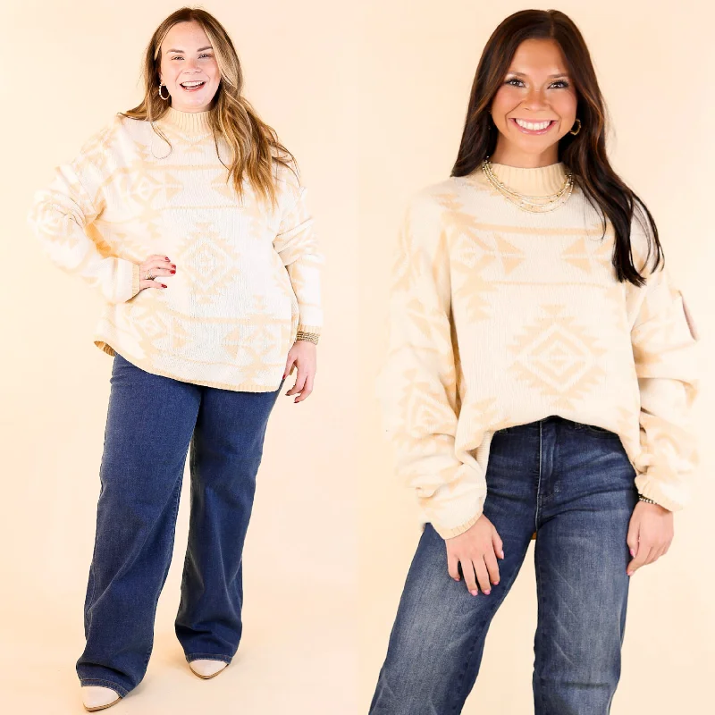 Cheyenne Chill Aztec Print Striped Sweater in Ivory and Beige