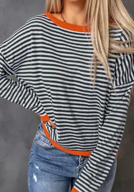 Contrast Trimmed Striped Drop Shoulder Sweater