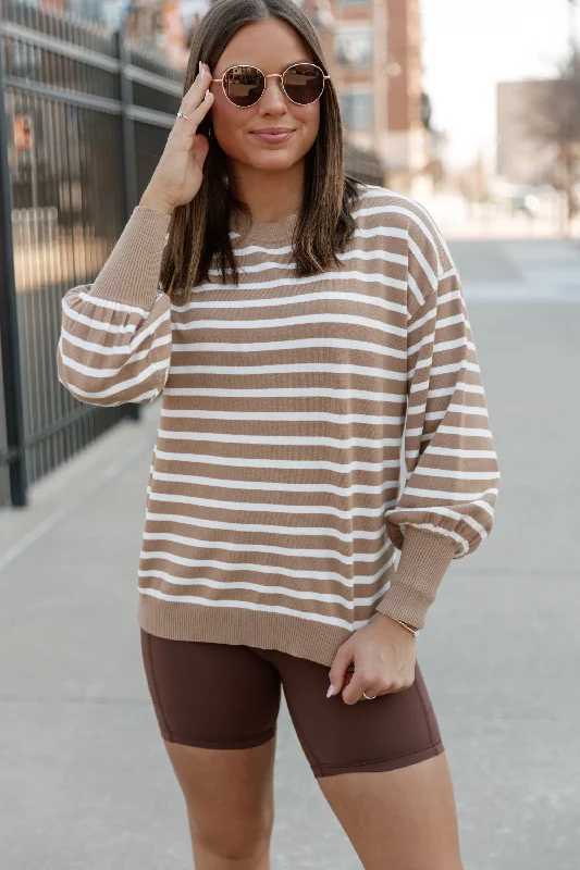 READY FOR ANYTHING STRIPE SWEATER IN TAUPE