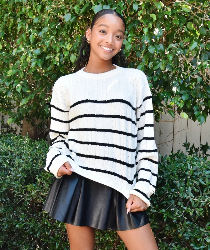 FBZ Girls Cream Striped Cable Sweater