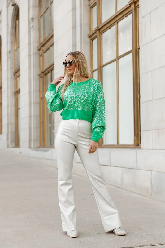 STARLIGHT SEQUIN LONG SLEEVE CROP SWEATER IN GREEN