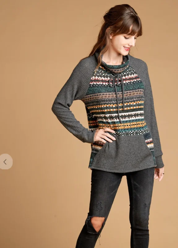 Tribal Print Contrast Waffle Sweater