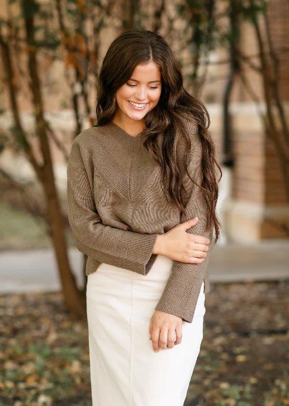 V-neck Light Brown Long Sleeve Sweater