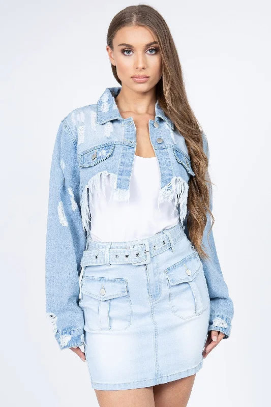 American Bazi Distressed Denim Jacket with Frayed Hem