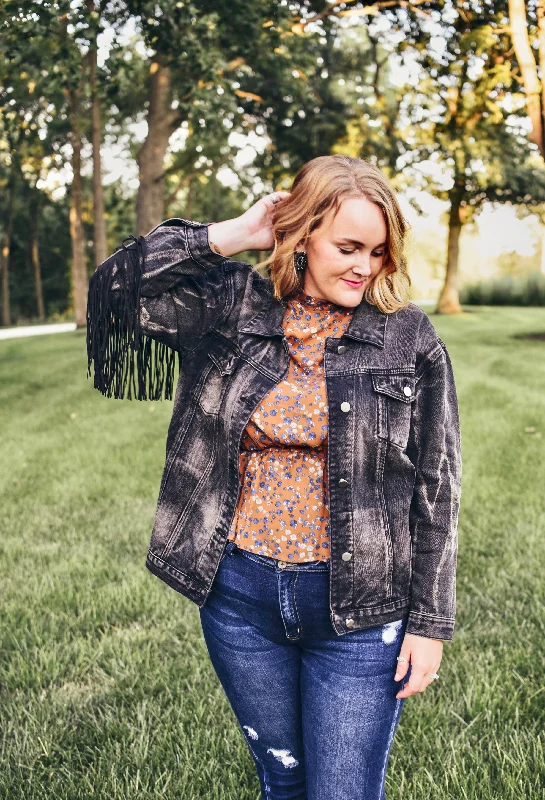 Black Washed Denim Fringe Jacket