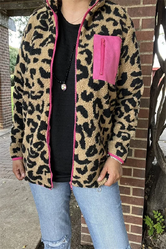 BQ15489 Black/beige leopard w/front pockets&fuchsia zipper long sleeve women coats/jackets wholesale