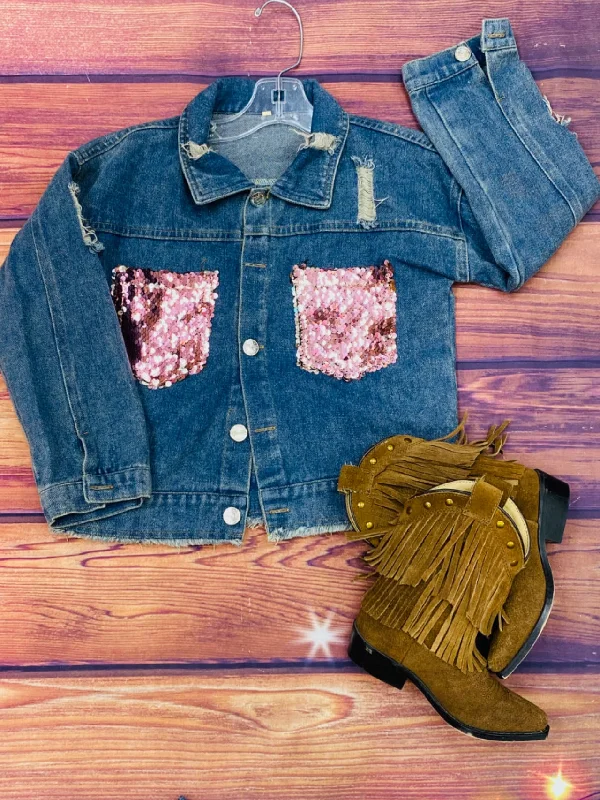 DLH2552 Blue denim girls jacket with sequin pocket