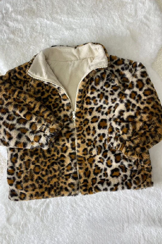 DLH2555 Leopard print fleece long sleeve girls jacket w/pocket