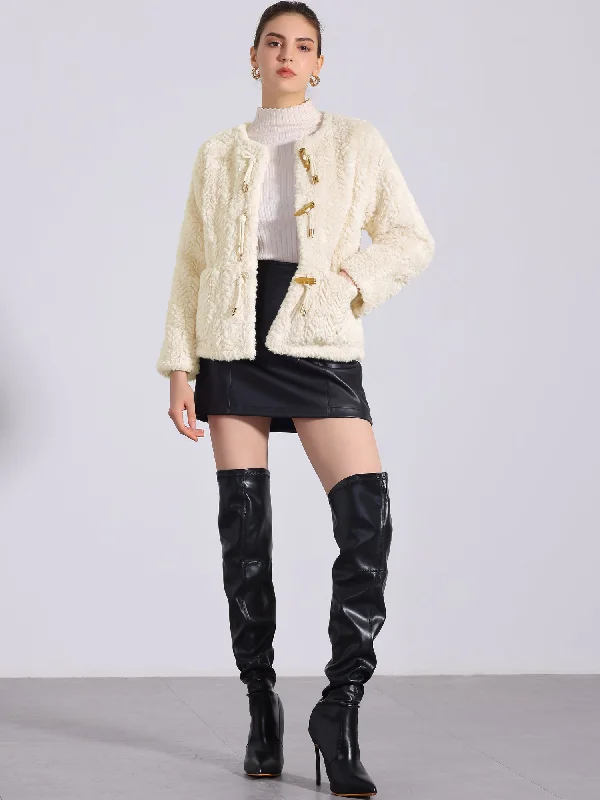 Faux Fur Long Sleeves Fluffy Toggle Button Coats Jackets