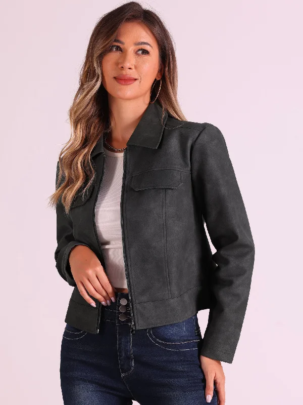 Collar Faux Leather Zip Up Long Sleeve Casual Cropped Jacket