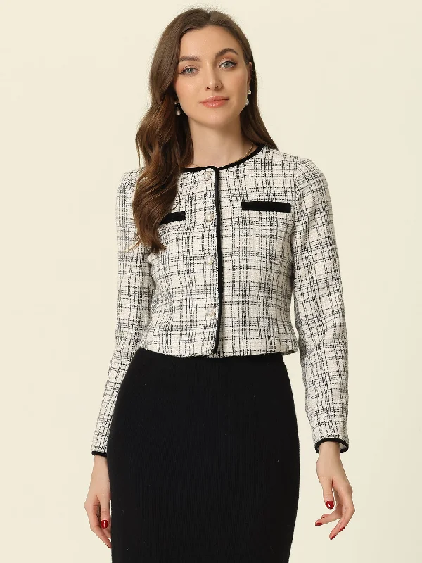 Tweed Plaid Round Neck Faux Pearl Button Long Sleeve Cropped Jacket