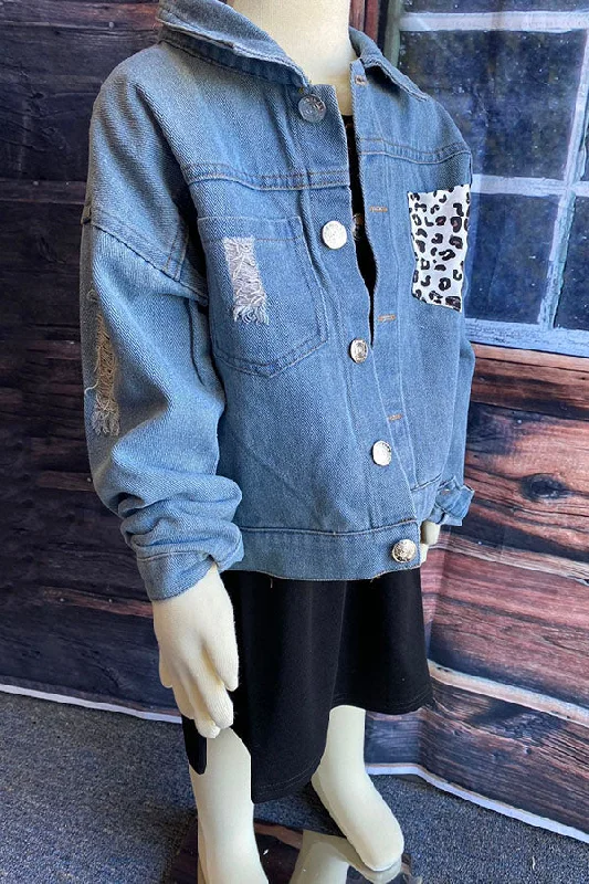 DLH2550 Blue denim & leopard print washed girls jacket/coat