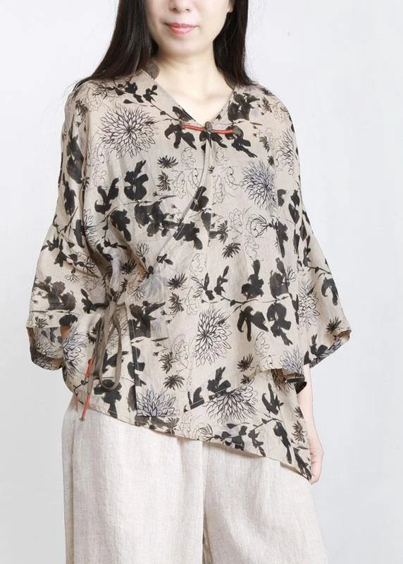 Art Beige Print Oriental Ramie Shirts Fall