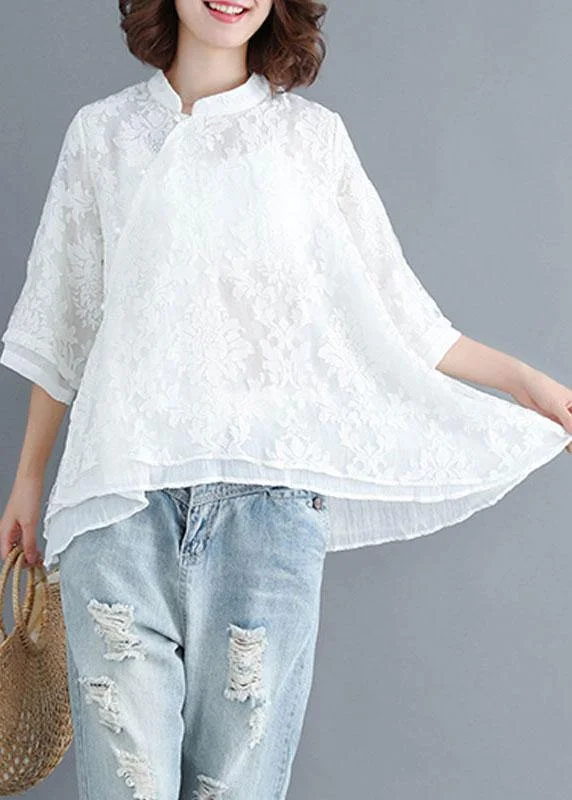 Boho White Stand Collar Asymmetrical Design Summer Tops Three Quarter Sleeve Shirt