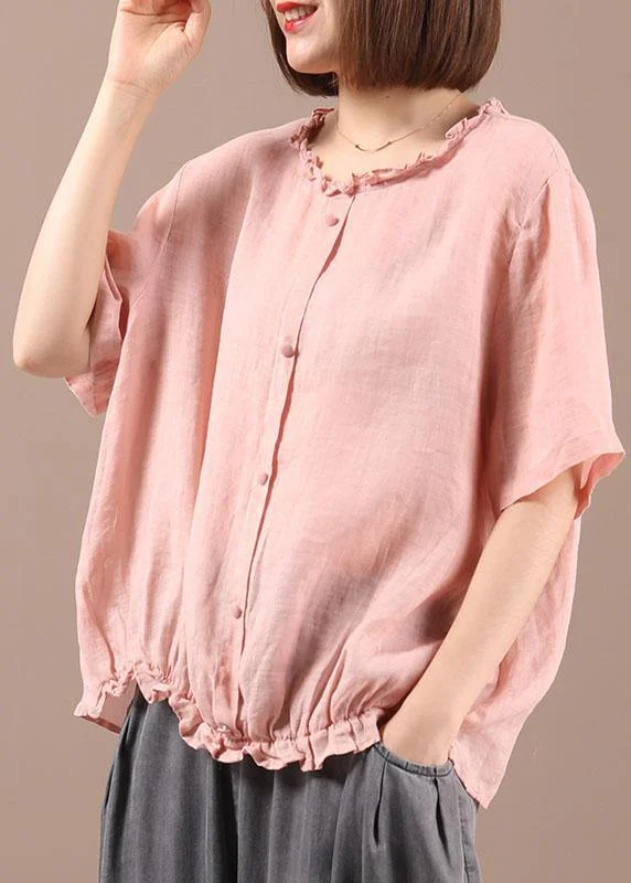 Boutique Pink Cotton Linen Ruffled Summer Shirt