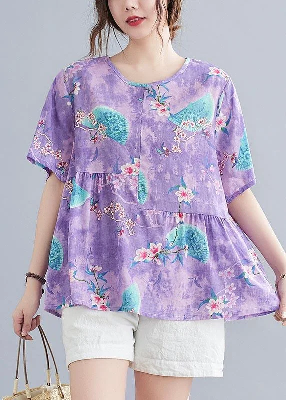 Chic Purple Print asymmetrical design Cotton Linen Shirt Summer