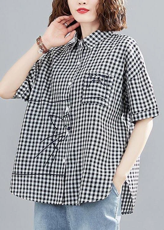 Classy Black Plaid Peter Pan Collar Pockets Cotton Linen Shirt Top Summer