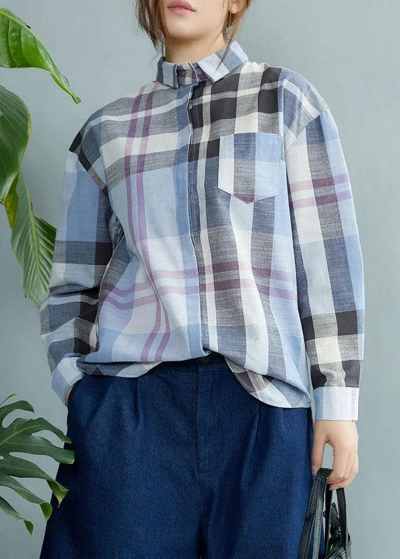 Fine Blue Plaid Print Pockets Button Fall Shirt Long Sleeve