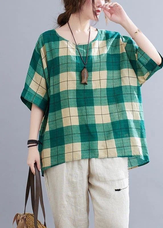 French Green Plaidlow high design Cotton Linen Summer Shirt Top