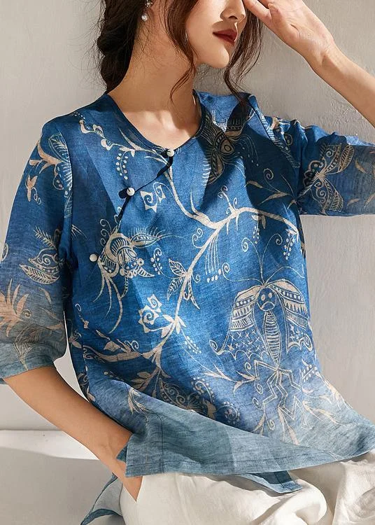 Italian Blue Print Oriental Summer Ramie Shirt Half Sleeve