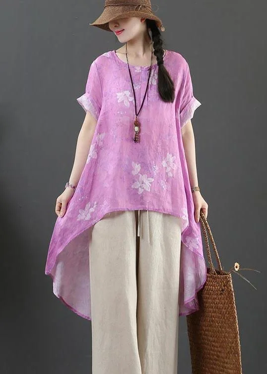 Italian Purple Print Linen Button Summer Shirt Top