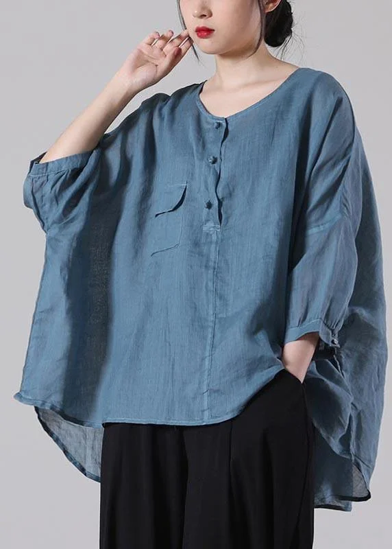 Loose Blue Pockets Cotton Linen Summer Shirt Tops