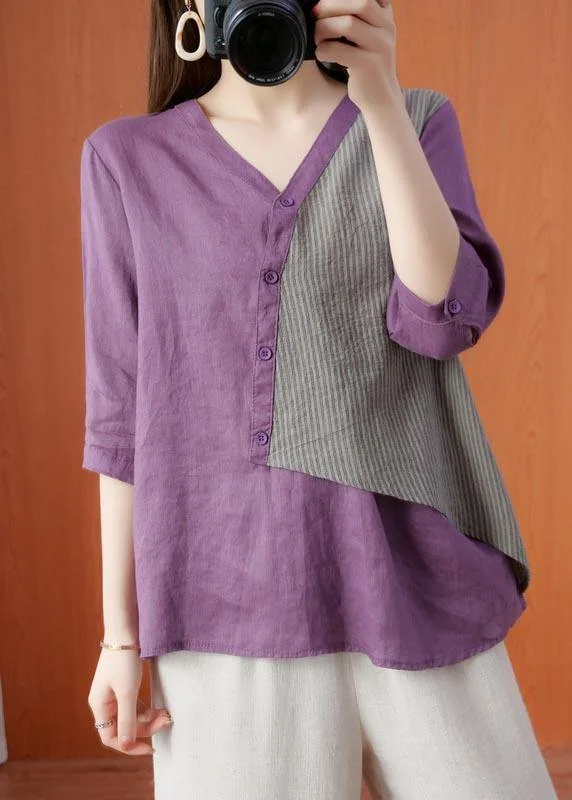 Modern Purple Patchwork asymmetrical design Cotton Linen Shirt Top Summer