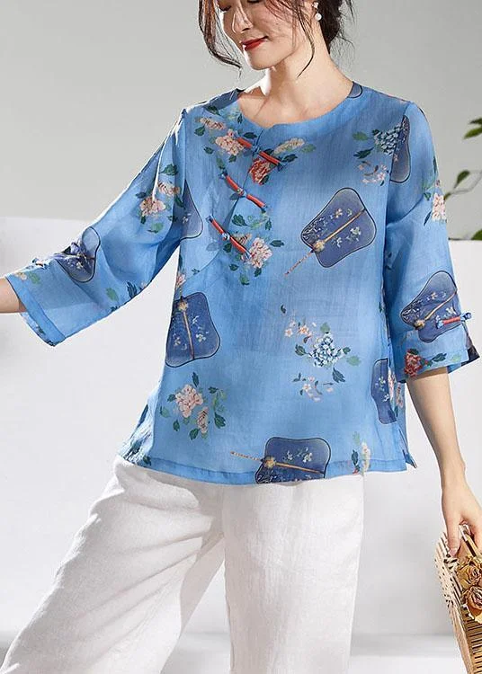 Natural Blue Print Oriental Summer Ramie Shirt