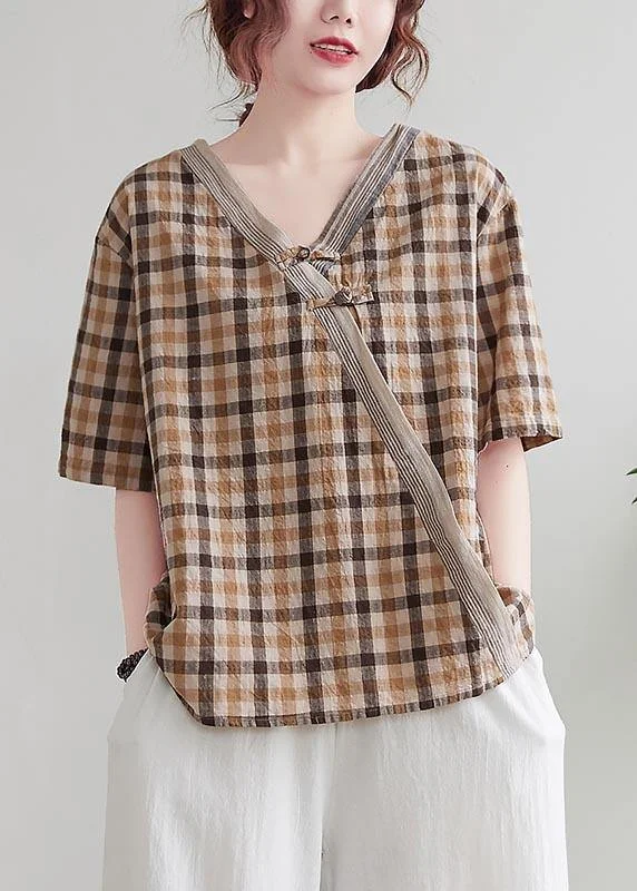 Natural Orange Plaid Oriental Cotton Linen Summer Shirt Tops