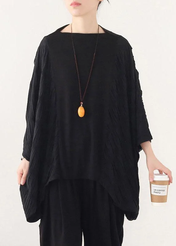 Simple Black Patchwork Wrinkled Batwing Sleeve Fall Shirt Tops