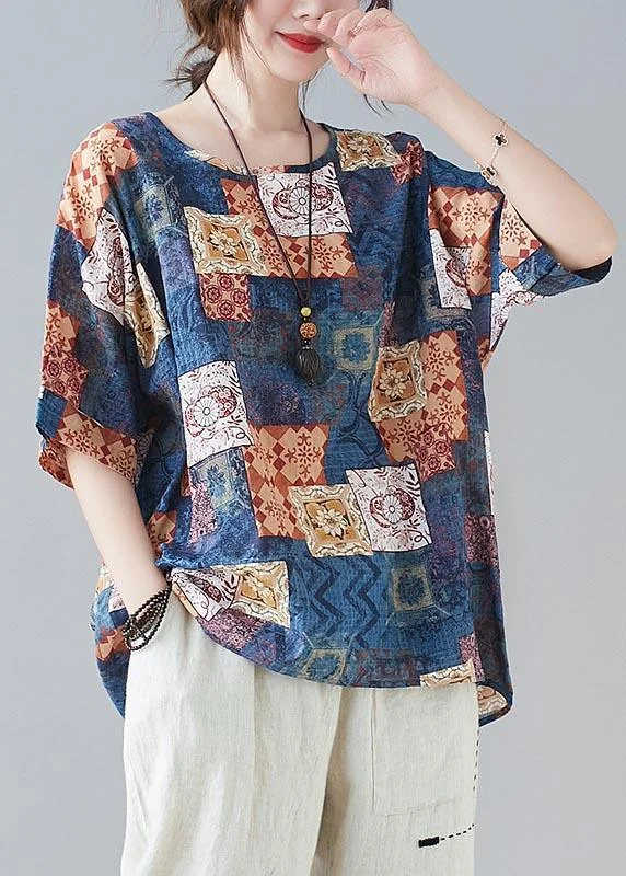 Simple Blue Print Loose Cotton Linen Shirt Tops Summer