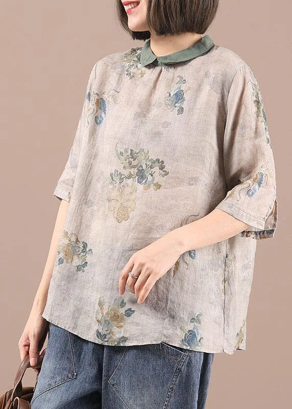 Simple Grey Green retro Print Summer Linen Shirt Half Sleeve