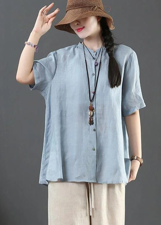 Style Blue Half Sleeve Linen Shirt Tops Summer