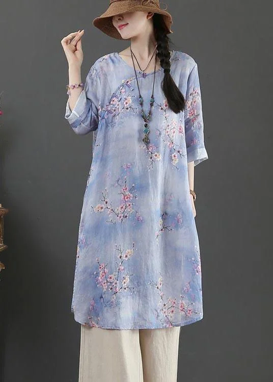 Style Purple Print Oriental Long Linen Shirt Top Summer