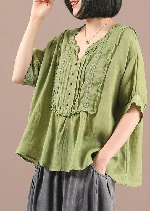 Stylish Green Wrinkled Button Summer Linen Shirt Half Sleeve