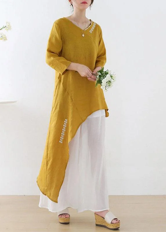 Unique Yellow Asymmetrical design O-Neck Shirts Fall