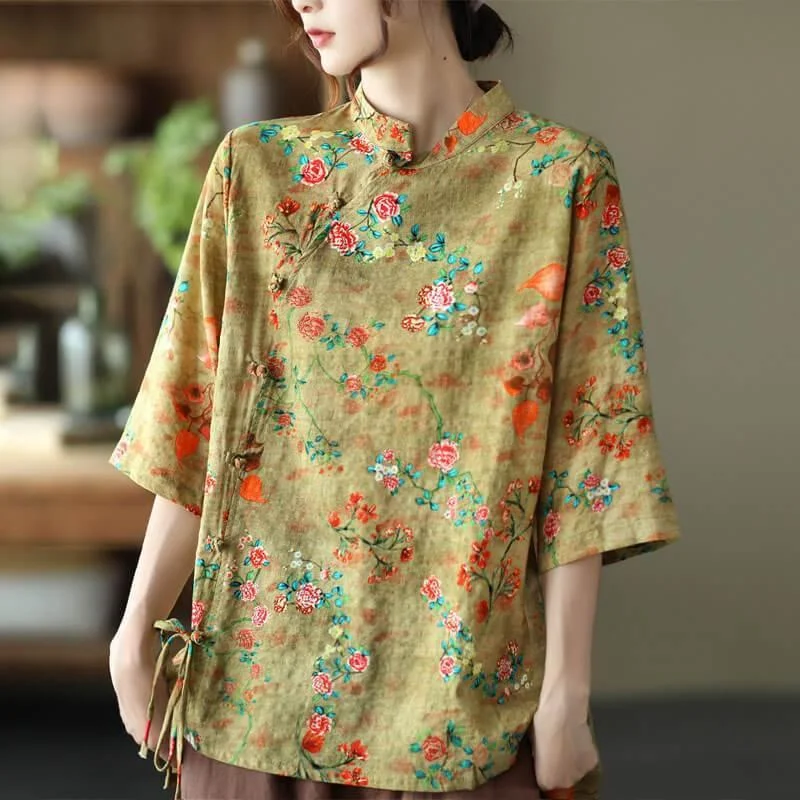 Vintage Floral Asymmetrical Cotton Linen Shirt