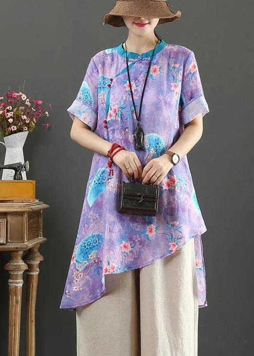 Vintage Purple Print Linen asymmetrical design Shirt Summer