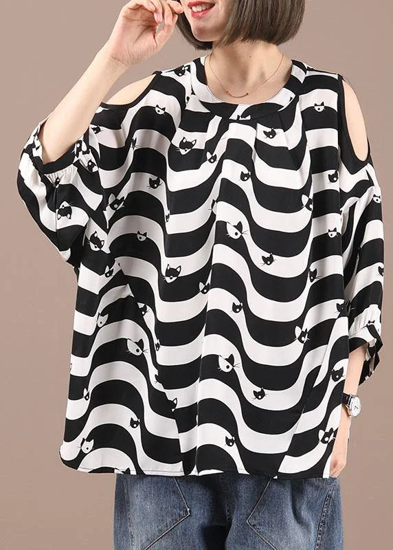 Women Black White Striped Cold Shoulder Print Summer Chiffon Shirt Half Sleeve