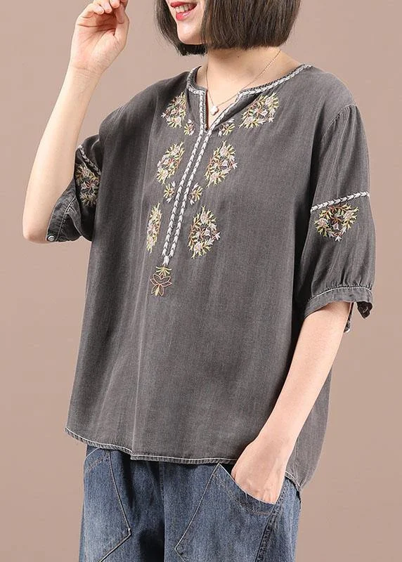 Women Grey retro Embroidery Summer Cotton Shirt Top Half Sleeve