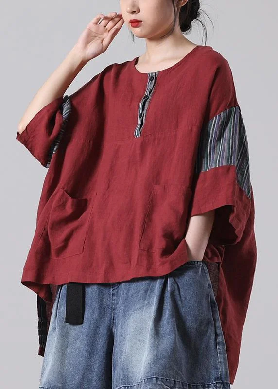 Women Red Pockets Cotton Linen Shirt Summer