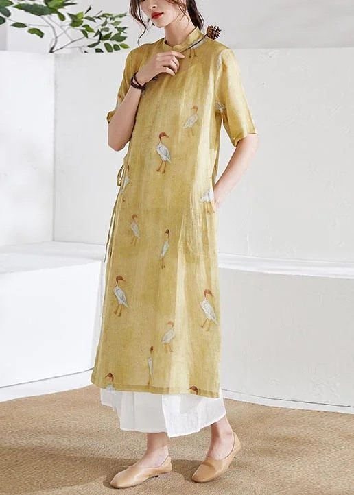 Women Yellow Side Open Print Summer Ramie long shirts