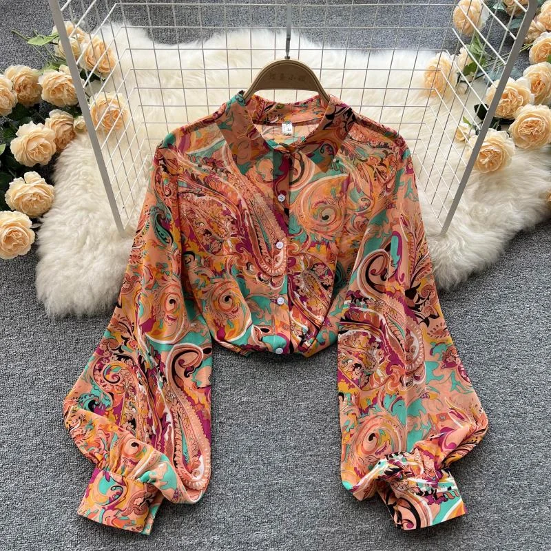 2022 spring new retro contrast color printing loose puff sleeve shirt women