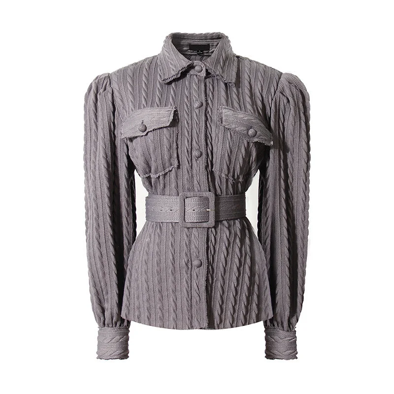 Autumn Women Vintage Corduroy Long Shirt With Belt High Waist Full Sleeve Blouse Button Up Outwear Female Casual Tops