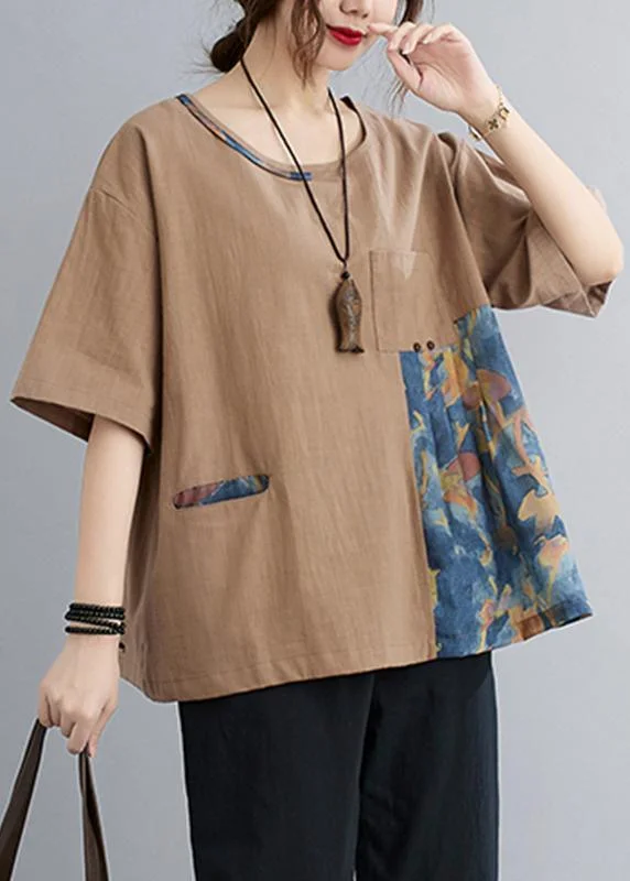 Chic Khaki Patchwork Pockets Cotton Linen Shirt Summer ( Limited Stock)